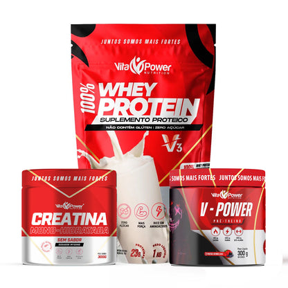 Combo Whey V3 + Creatina + Pré-Treino – Ganho Muscular e Energia