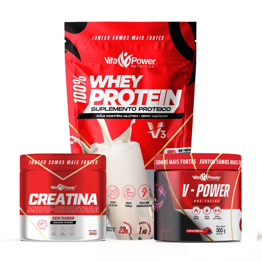 Combo Whey V3 + Creatina + Pré-Treino – Ganho Muscular e Energia