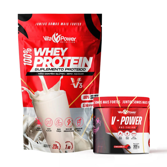 Combo Whey V3 1Kg + Pré-Treino V-Power 300g – Iniciantes Pro