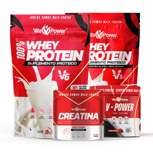 Combo Whey V3 + Whey V6 + Creatina + Pré-Treino – Ganho Completo